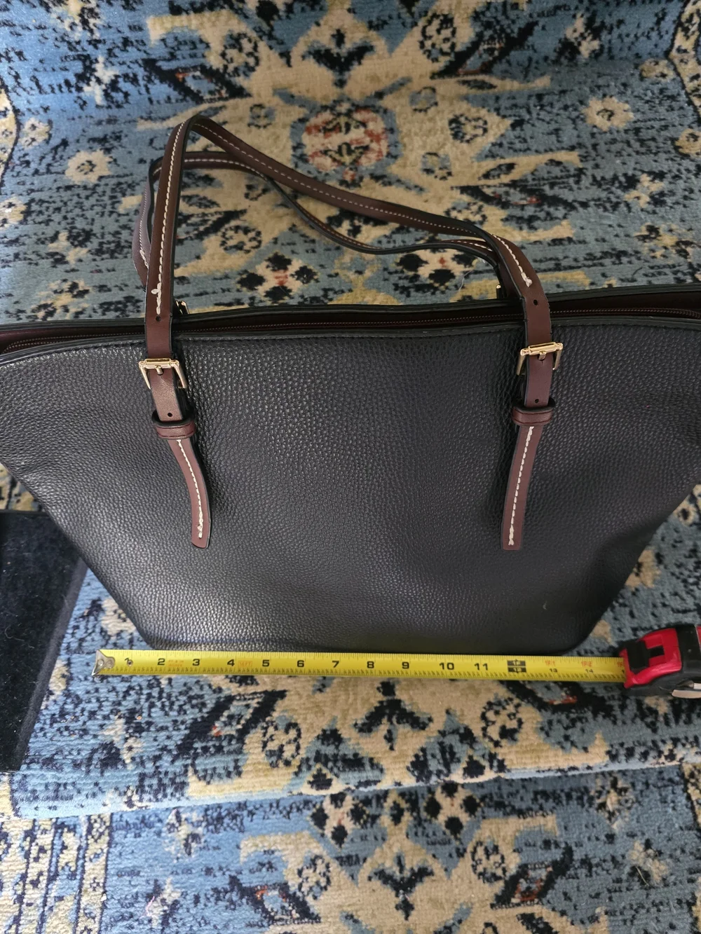 Classic Black Pebbled Tote with Brown Straps